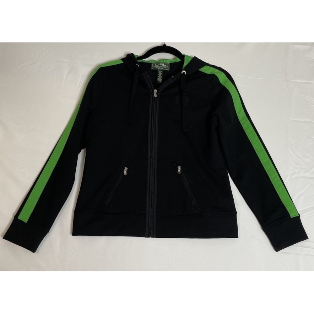 Ralph Lauren LRL Womens PM Hoodie Black Green Stripe Full Zip‎ Active Petite